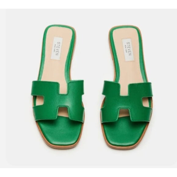 Steven New York Green Leather H Strap Slides Sandals Square Toe Women’s Size 8.5 - Picture 10 of 12